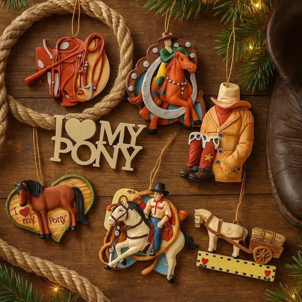 Kurt Adler Western Horse Ornaments Lot of 7 Cowboy Cowgirl Pony Resin 2000s Tags